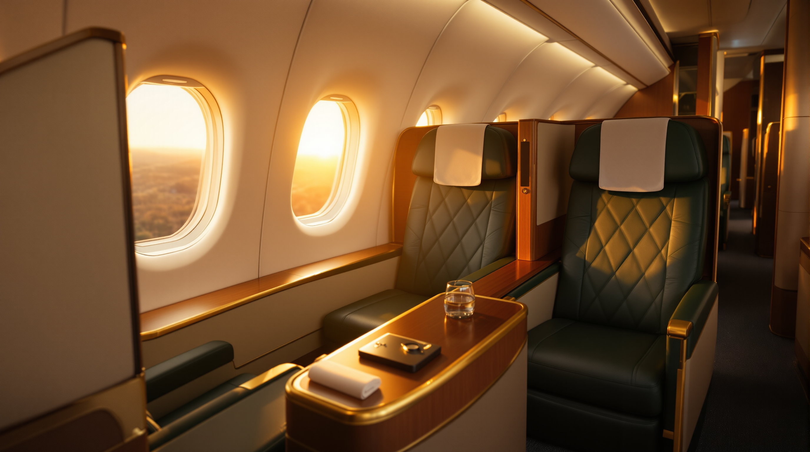 Premium business class cabin at golden hour